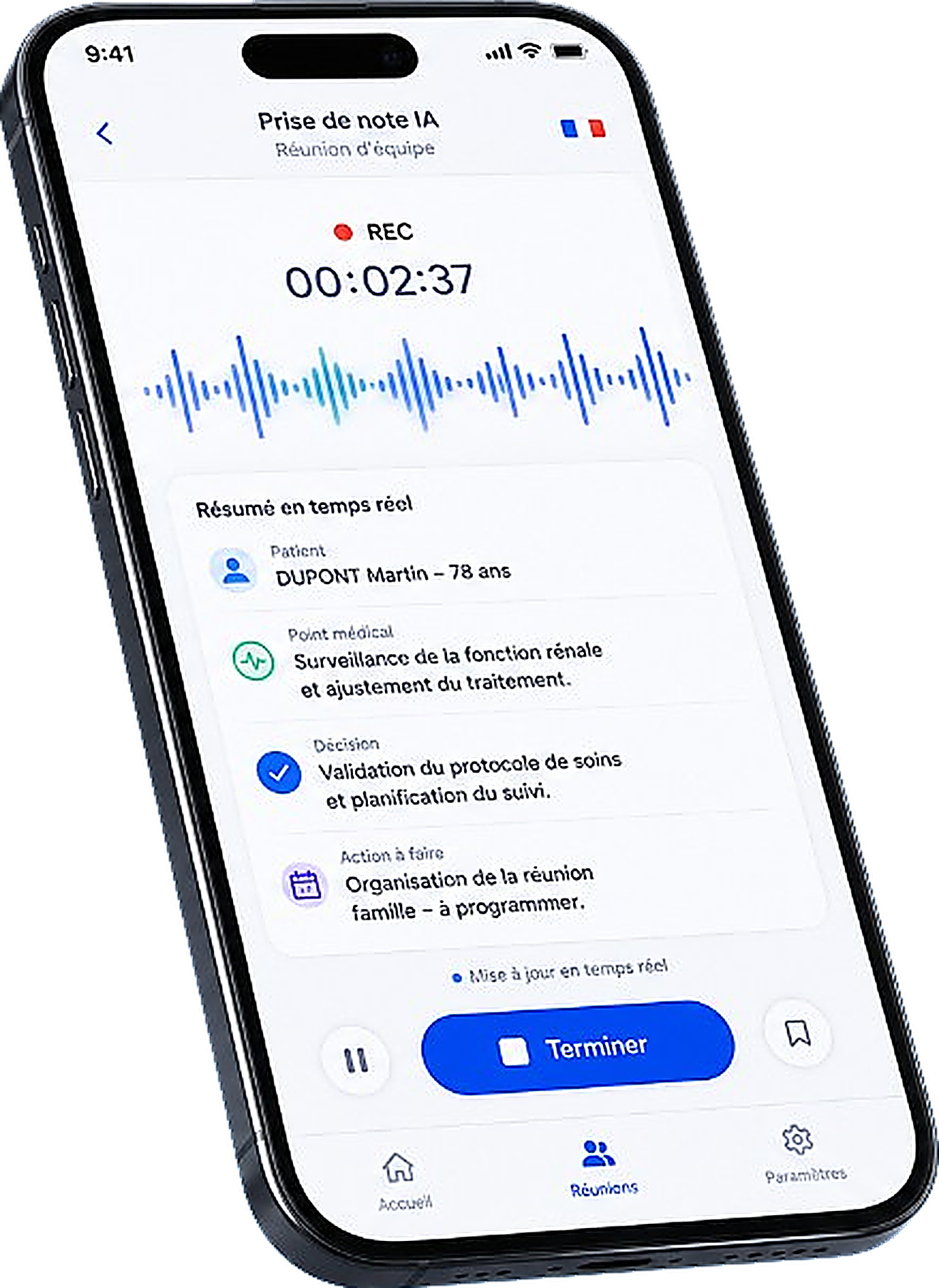 L'application Gilbert sur mobile : enregistrement du staff et résumé structuré en temps réel
